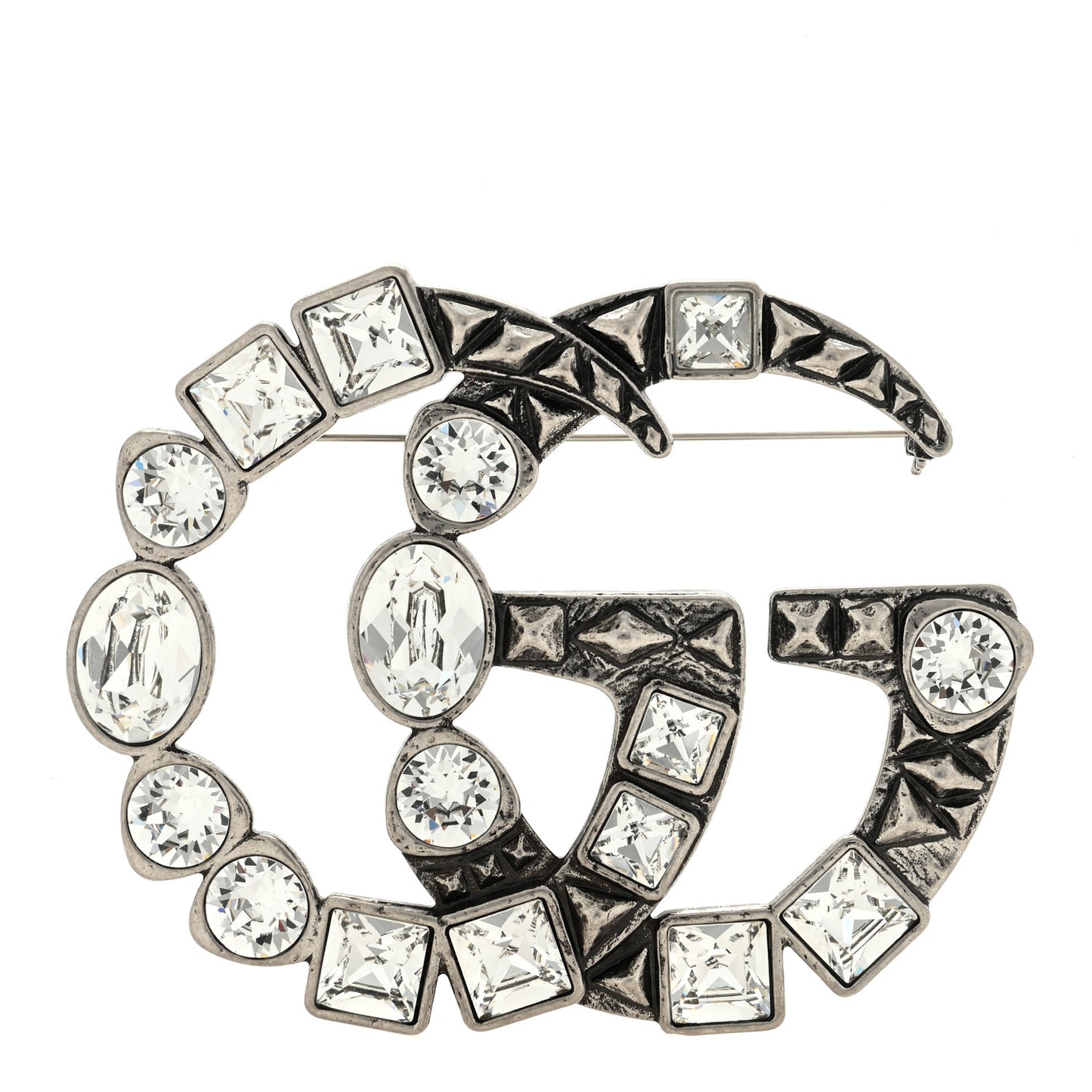 Metal Crystal Double G Brooch Silver