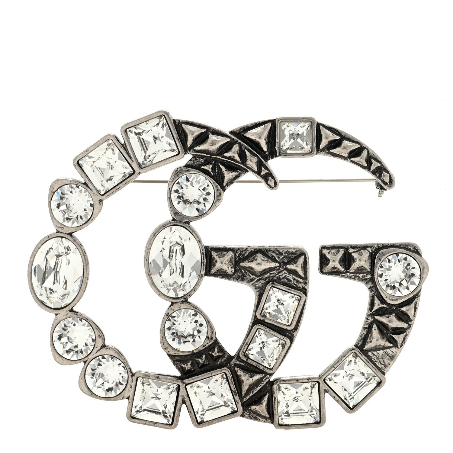 Gucci Metal Crystal Double G Brooch Silver 1 of 3