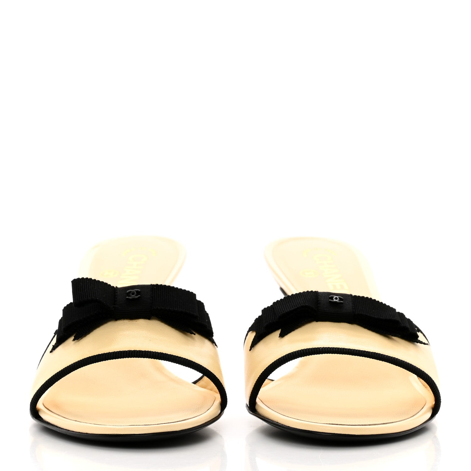 Chanel Lambskin Bow Mules 39.5 Beige Black 2 of 9