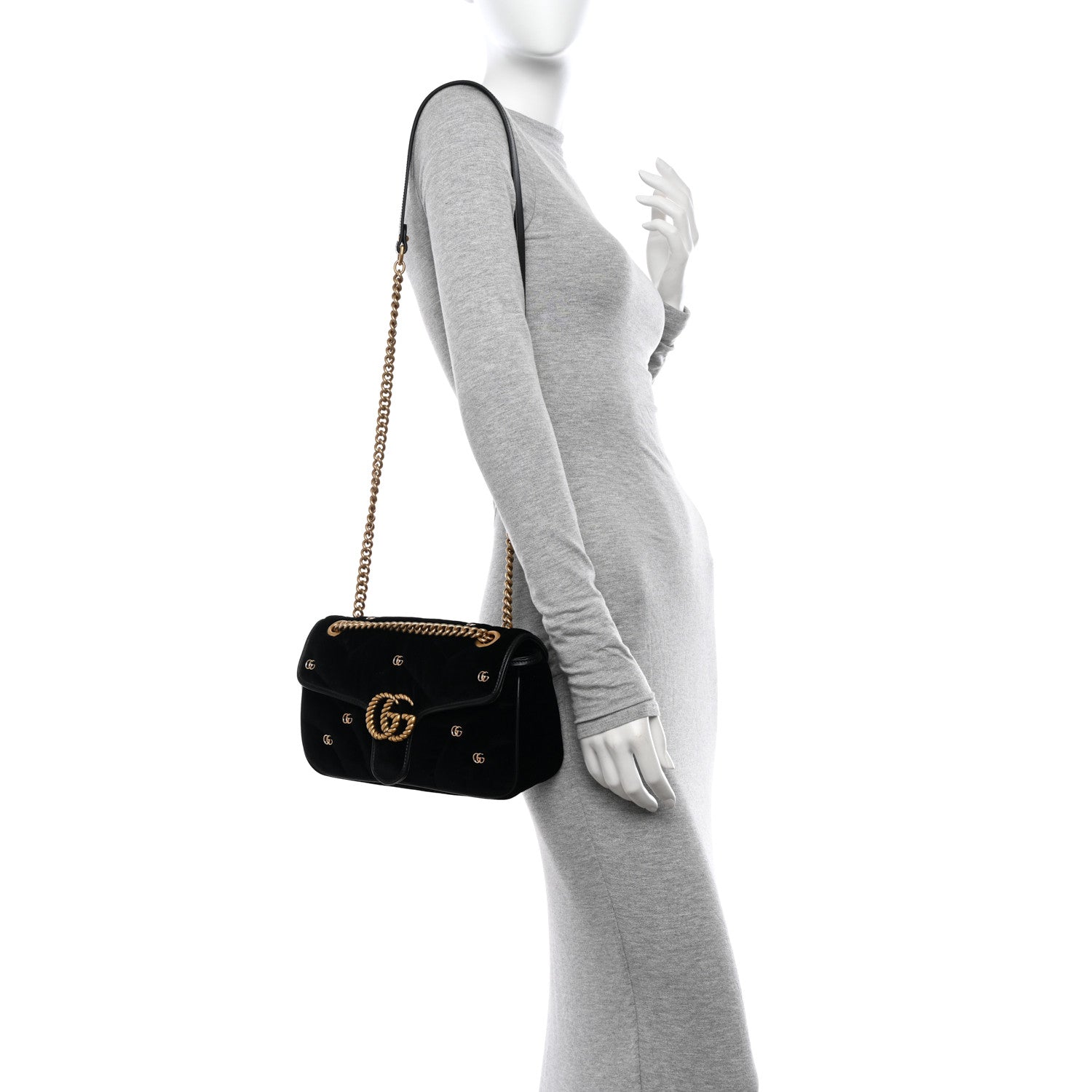 Gucci Velvet Matelasse Double G Studs Small Torchon GG Marmont Shoulder Bag Black 2 of 12