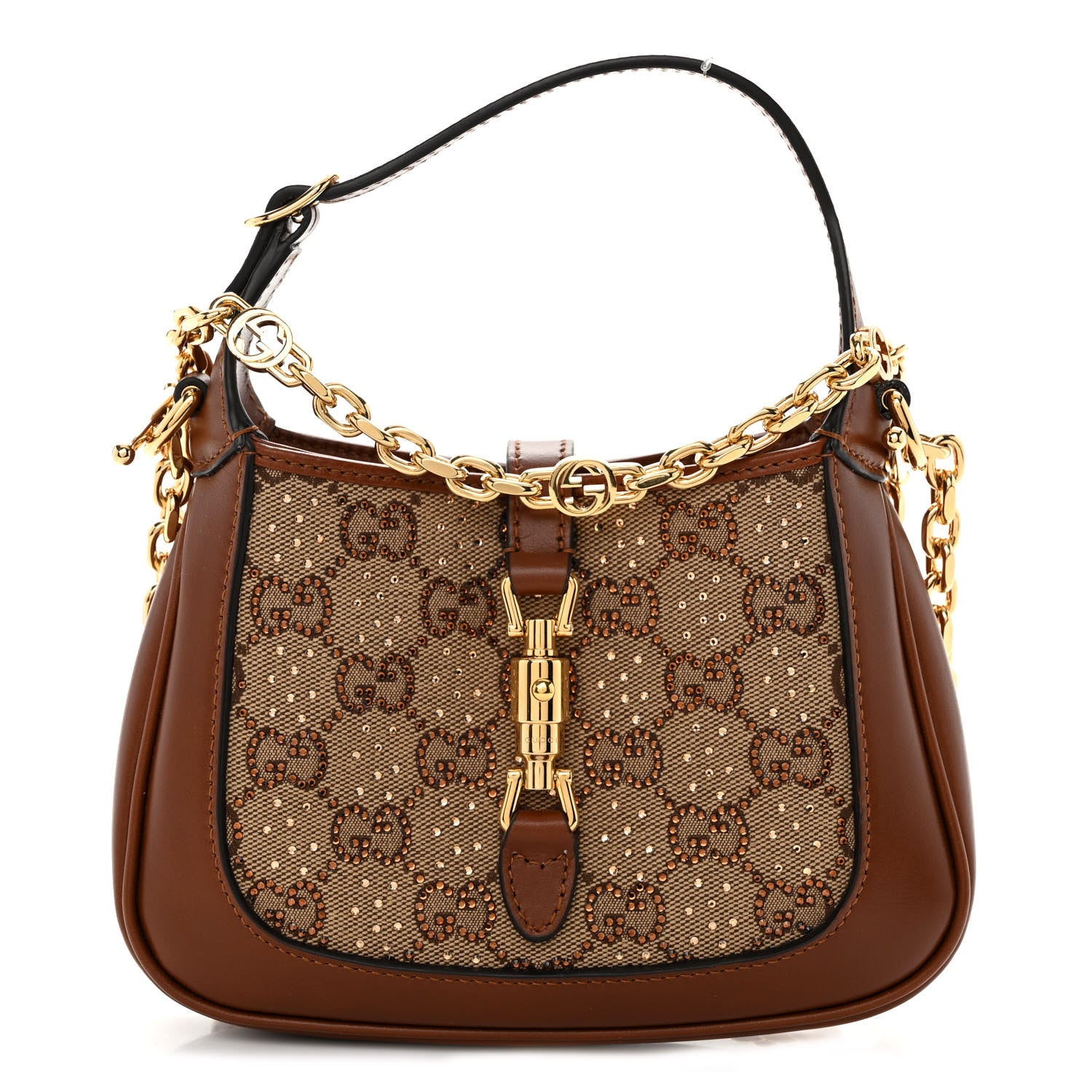Gucci New Canvas Charisma Calfskin Crystal GG Monogram Mini Jackie 1961 Hobo Camel Ebony 1 of 9
