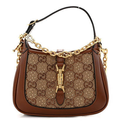Gucci New Canvas Charisma Calfskin Crystal GG Monogram Mini Jackie 1961 Hobo Camel Ebony 1 of 9