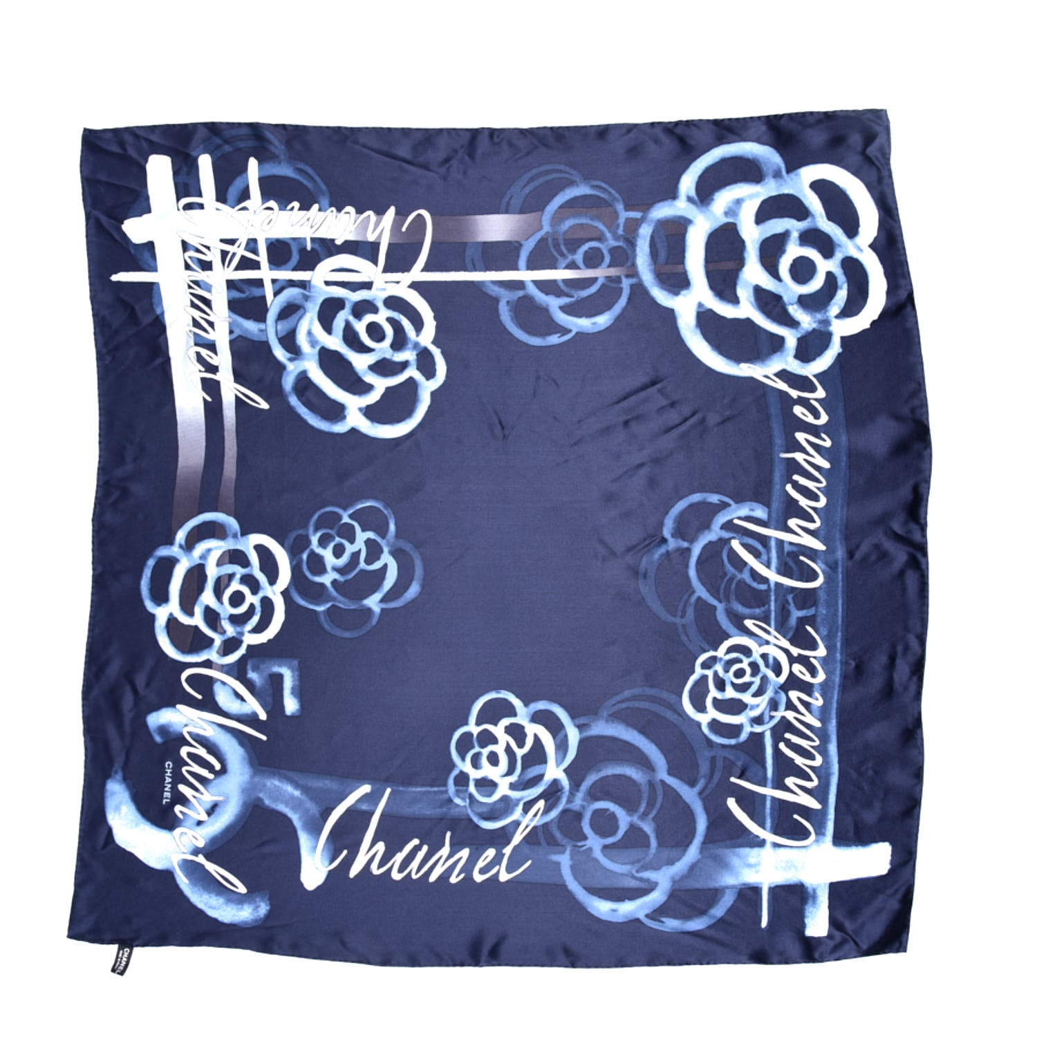 Chanel Silk Logo Camellia Square Scarf Navy Blue 1 of 4