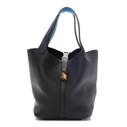 Hermes Taurillon Clemence Casaque Picotin Lock 22 MM Bleu Nuit Black Blue Frida 1 of 9