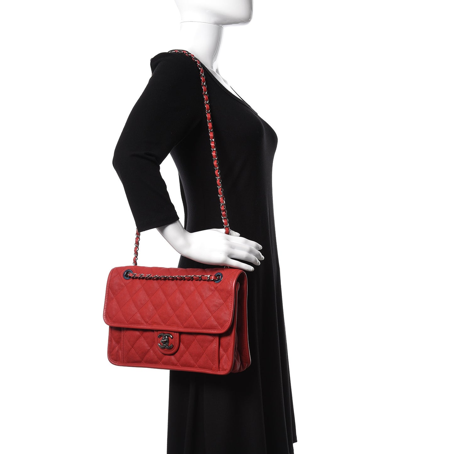 Caviar Quilted Large French Riviera Flap Red