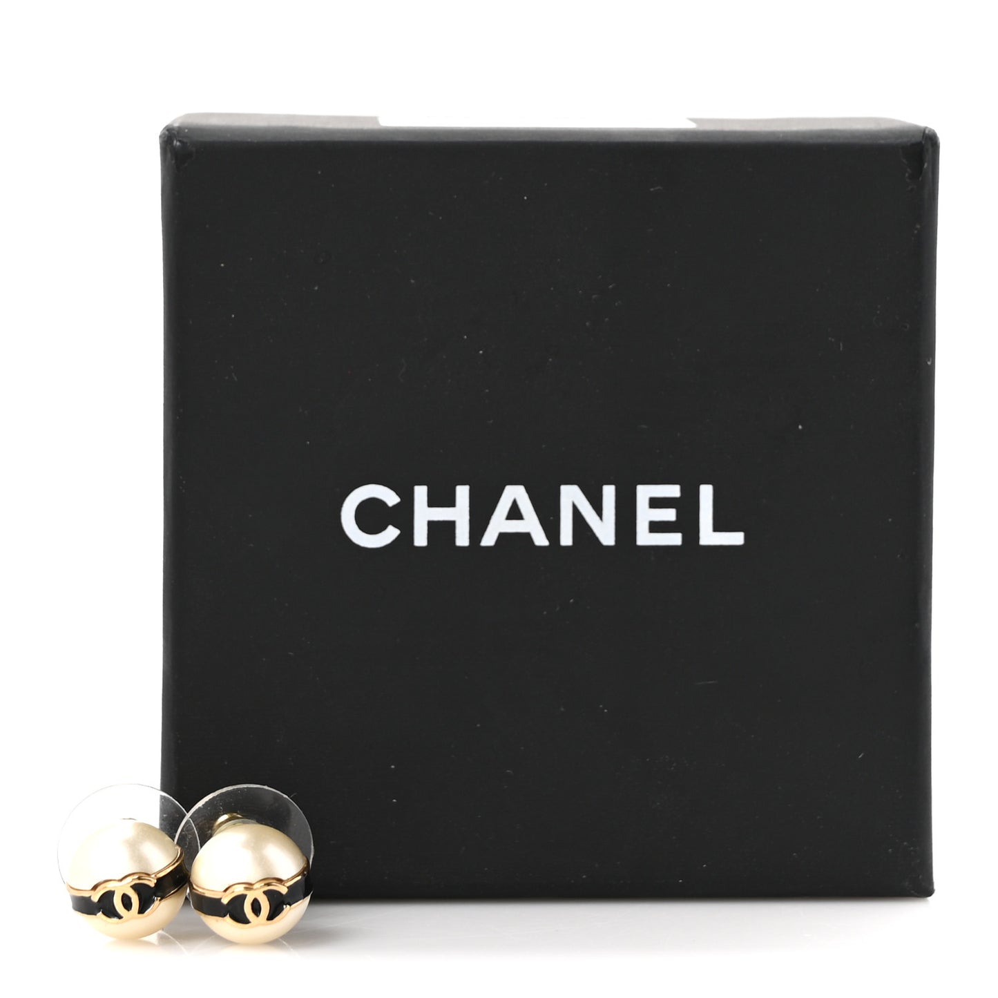 Pearl Metal CC Stud Earrings Gold Black White