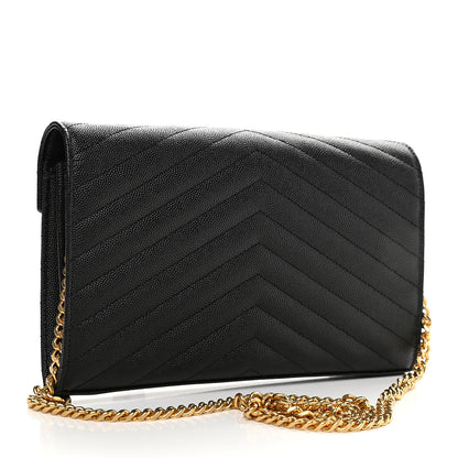Saint Laurent Grain De Poudre Matelasse Chevron Monogram Chain Wallet Black 3 of 9
