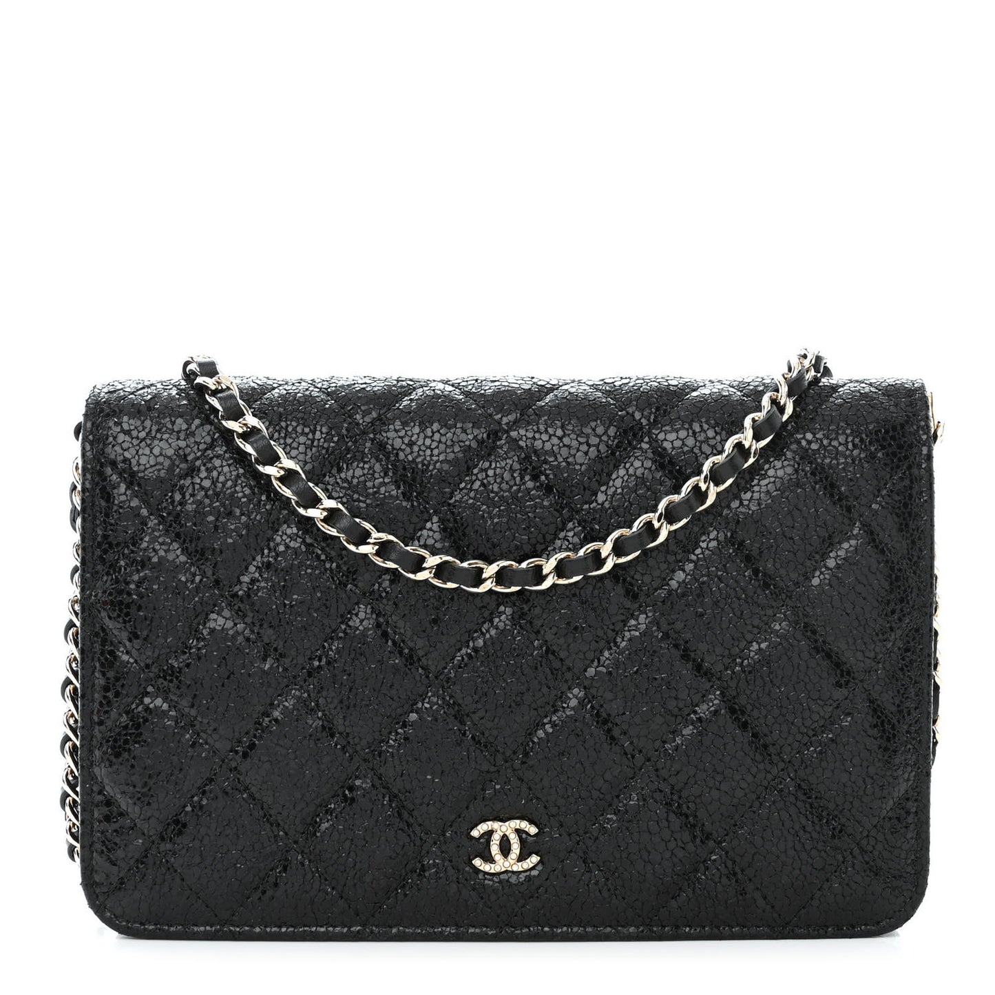 Crackled Patent Calfskin Quilted Pearl Wallet On Chain WOC Black