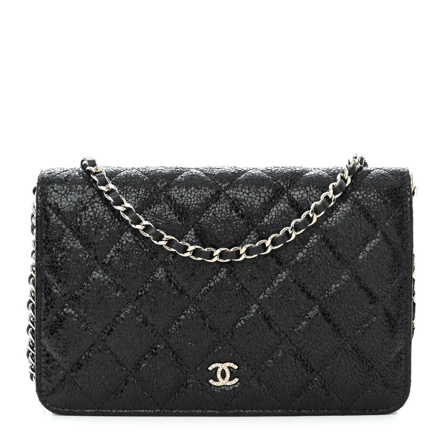 Chanel Crackled Patent Calfskin Quilted Pearl Wallet On Chain WOC Black 1 of 13