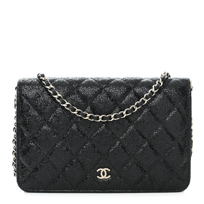 Chanel Crackled Patent Calfskin Quilted Pearl Wallet On Chain WOC Black 1 of 13