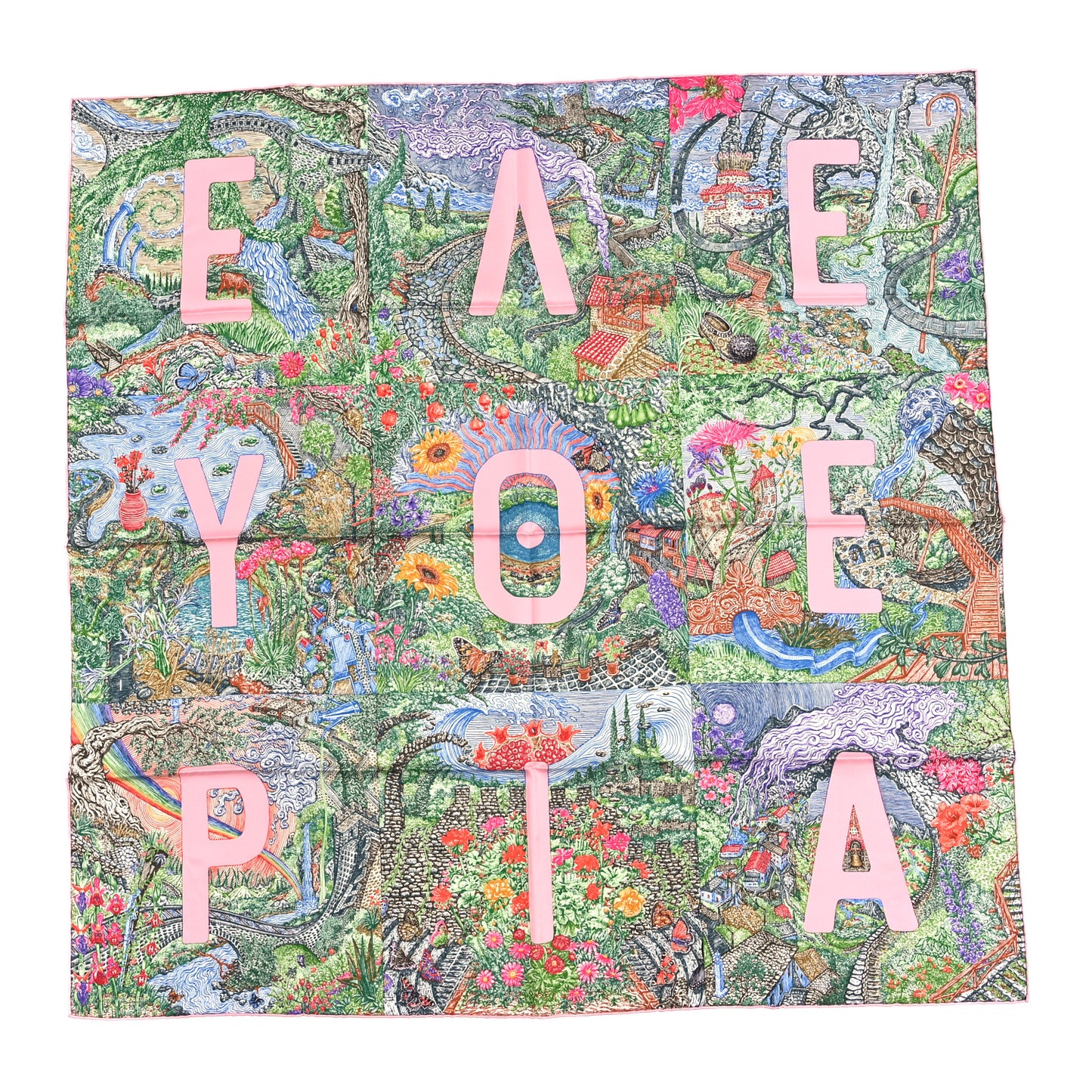 Silk Eleftheria Scarf 90 Vert Vif Rose Encre