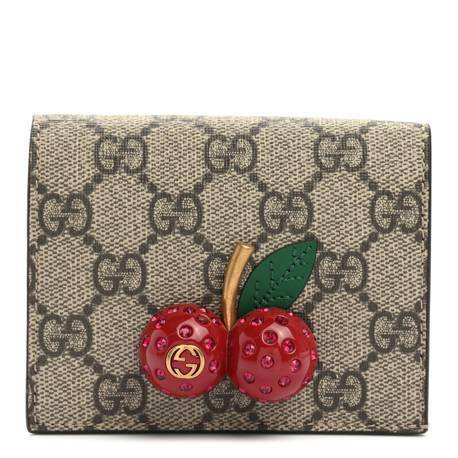 Gucci GG Supreme Monogram Cherry Embellished Card Case Wallet Hibiscus Red 1 of 8