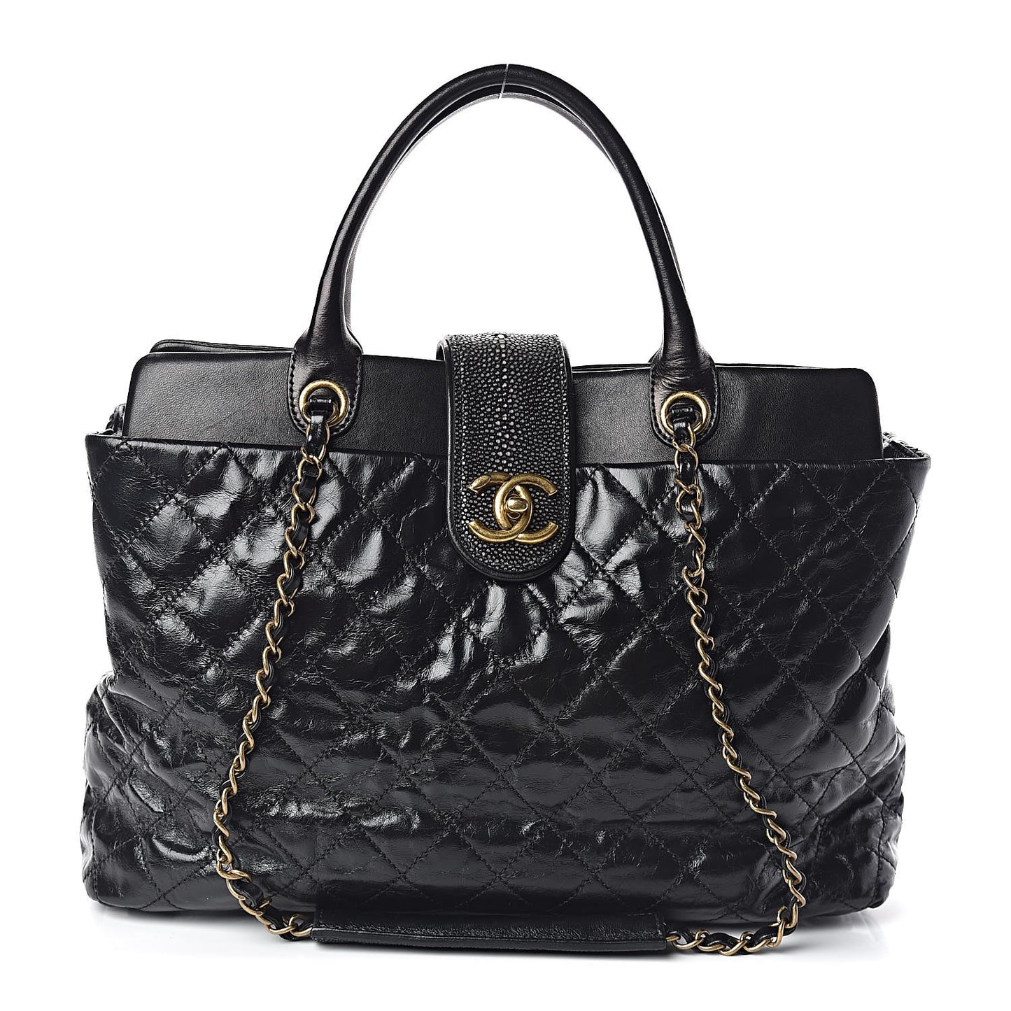 Glazed Calfskin Stingray Large Bindi CC Tote Black