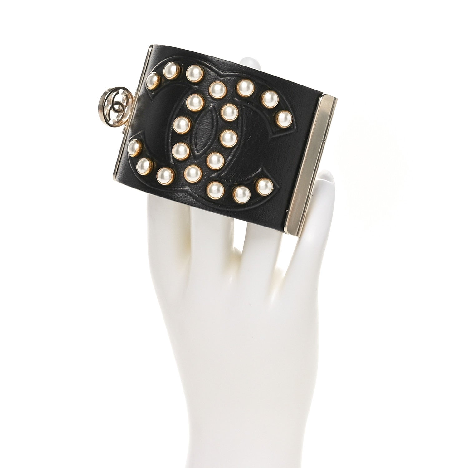 Chanel Lambskin Calfskin Pearl CC Cuff Bracelet Black Gold 2 of 5