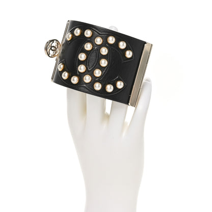 Chanel Lambskin Calfskin Pearl CC Cuff Bracelet Black Gold 2 of 5