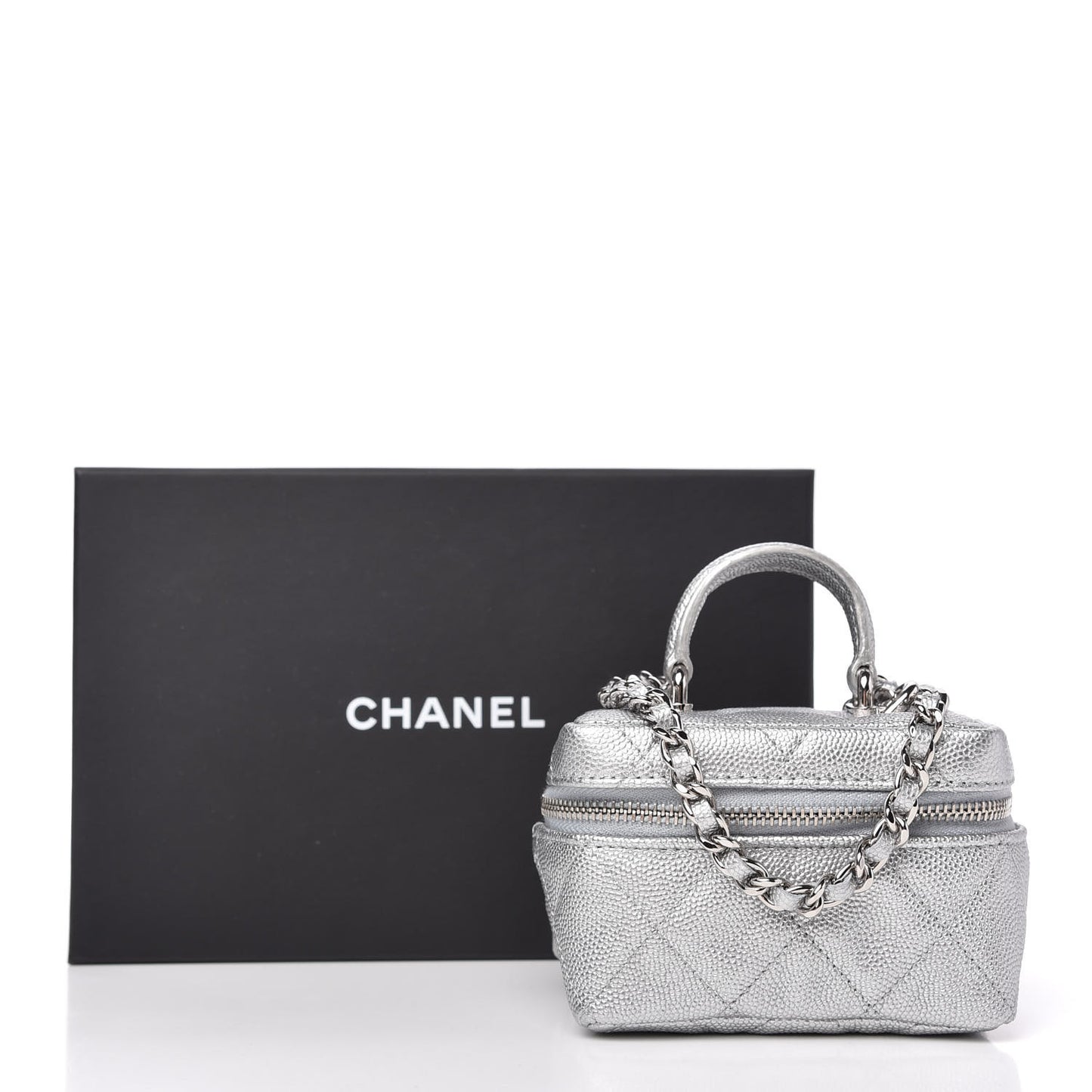 Metallic Caviar Quilted Mini Top Handle Vanity With Chain Silver