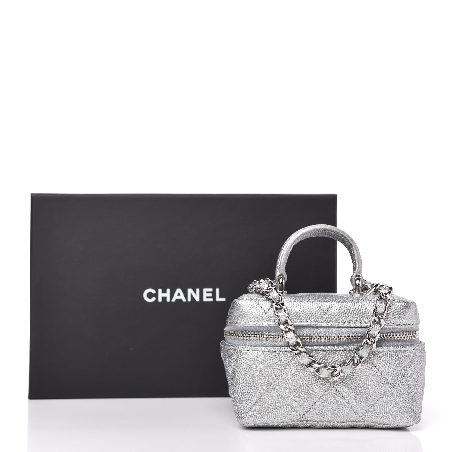 Chanel Metallic Caviar Quilted Mini Top Handle Vanity With Chain Silver 10 of 10