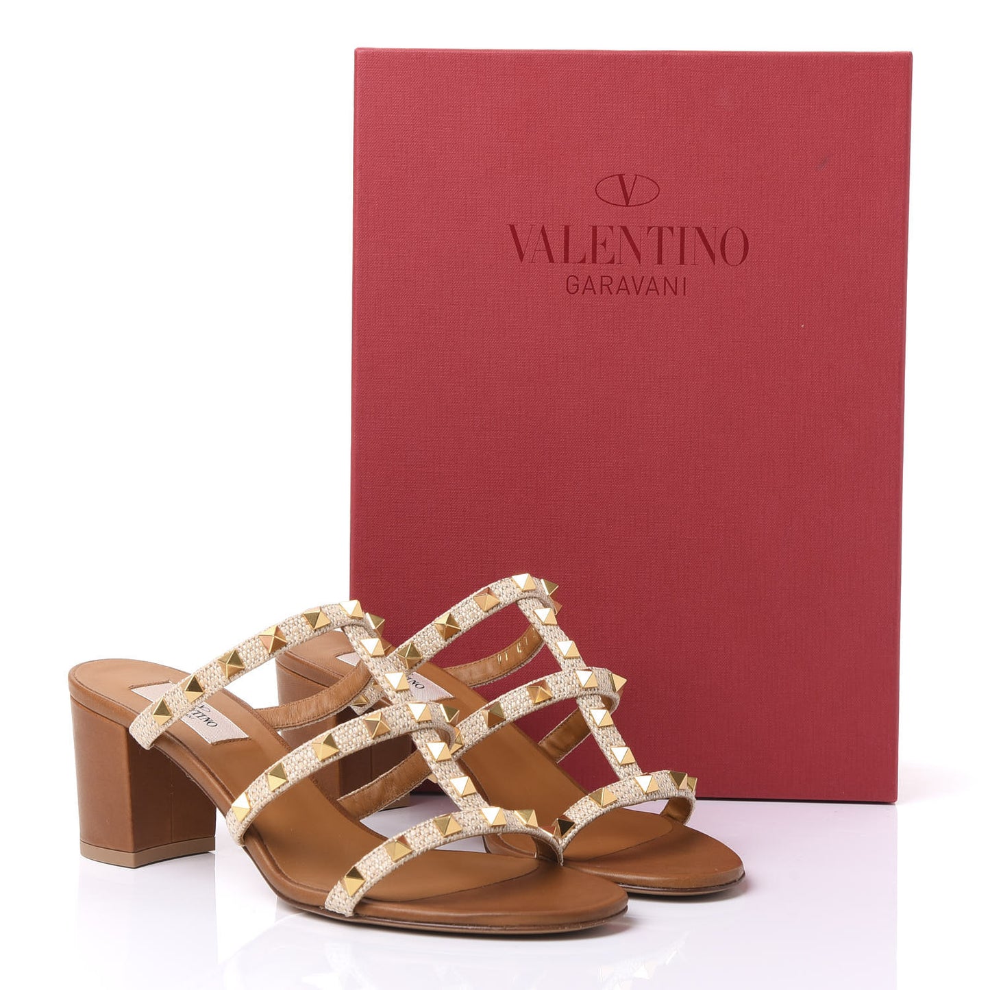 Raffia Calfskin Rockstud 60mm Caged Slide Sandals 39 Naturale