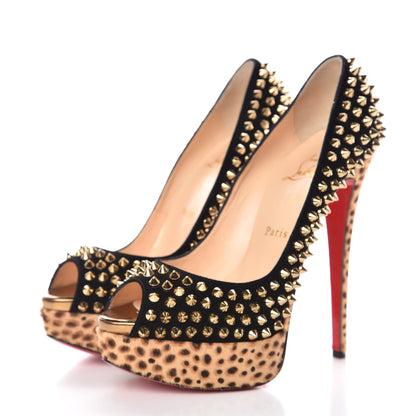 Christian Louboutin Veau Velours Calf Hair Leopard Lady Peep Spikes 150 Pumps 38 Black Bronze 3 of 8