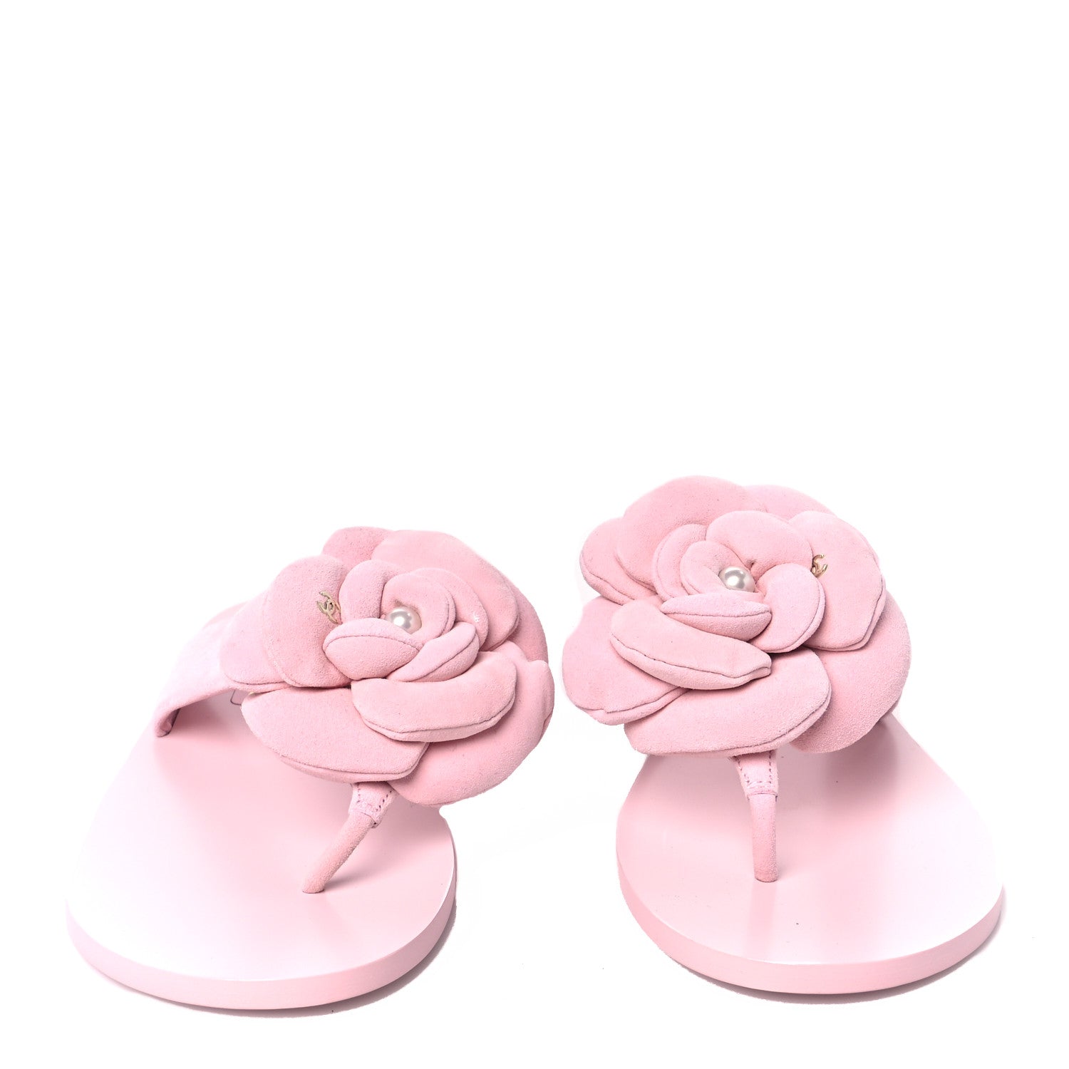 Chanel Suede Pearl Camellia Thong Sandals 37 Light Pink 3 of 8
