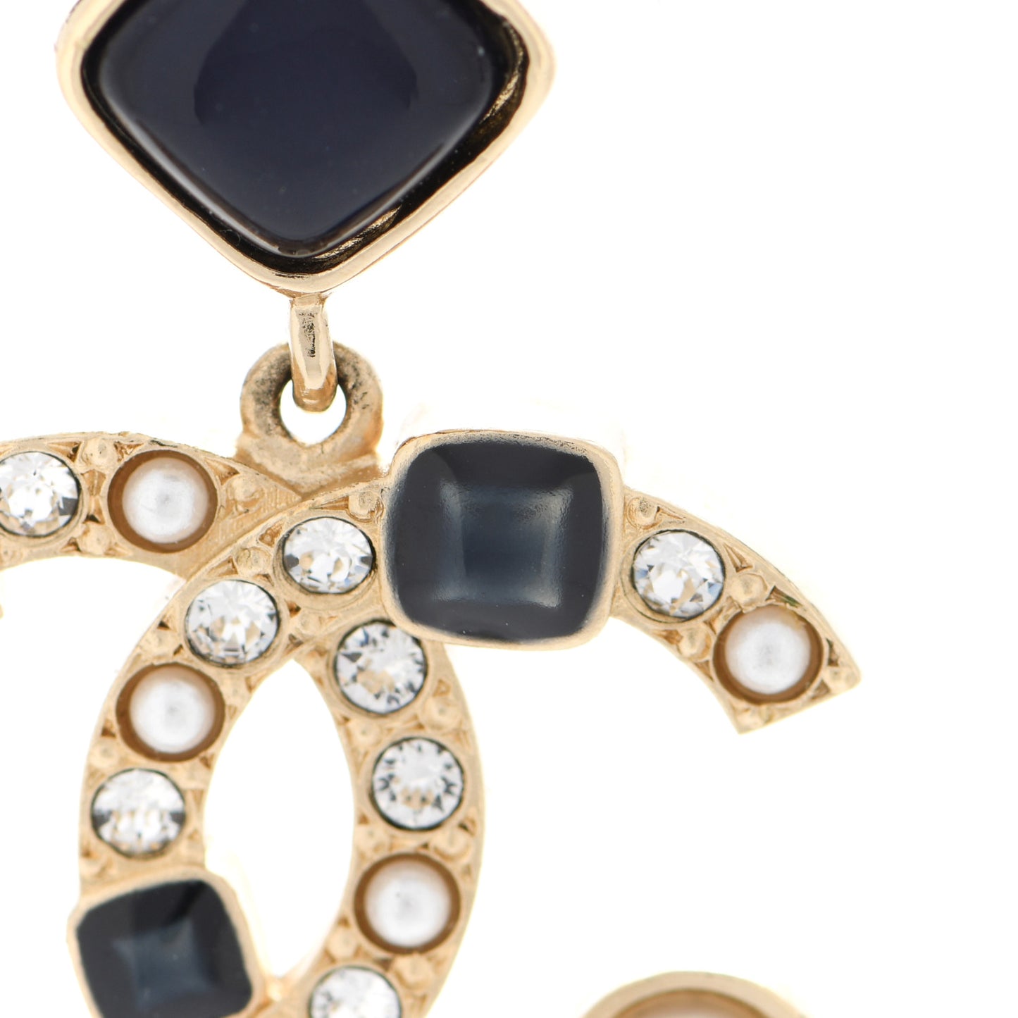 Resin Crystal Pearl CC Drop Earrings Gold Black