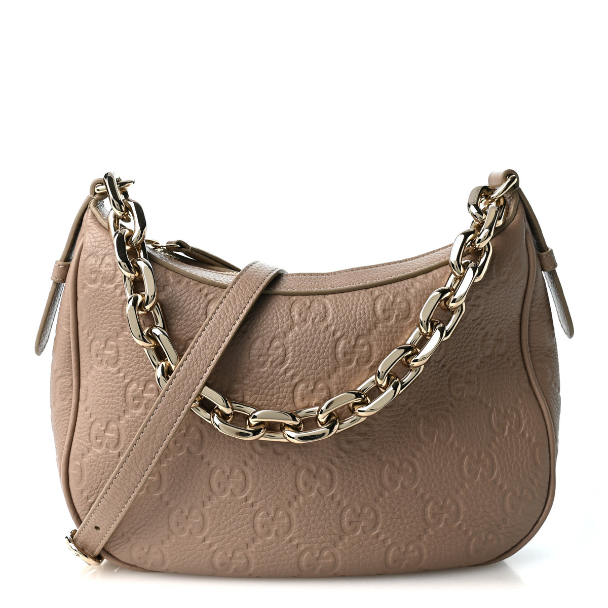 Gucci GG Grainy Calfskin Emblem Medium Half Moon Shoulder Bag Taupe 1 of 9