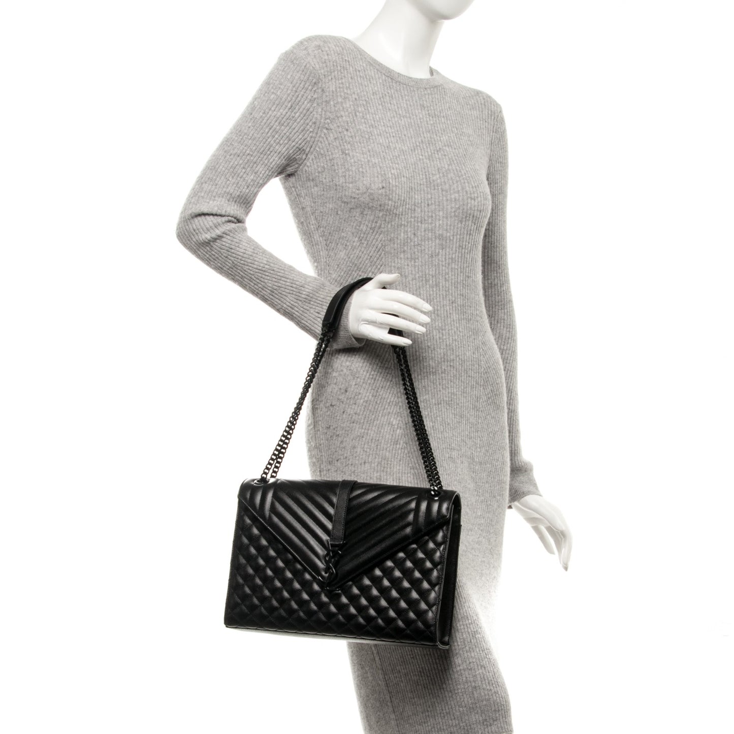 Grain De Poudre Textured Mixed Matelasse Large Triquilt Monogram Monochrome Satchel Black
