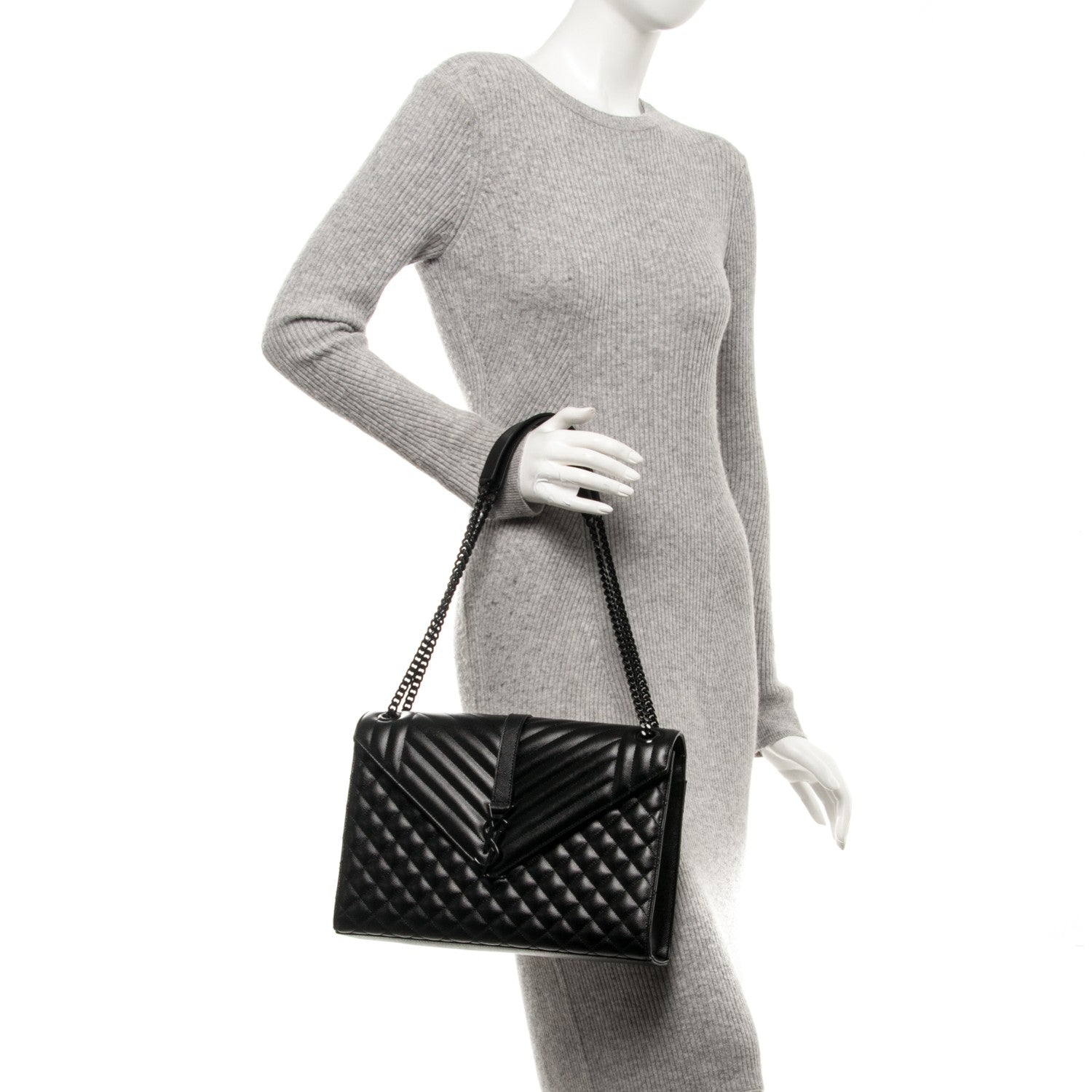 Saint Laurent Grain De Poudre Textured Mixed Matelasse Large Triquilt Monogram Monochrome Satchel Black 2 of 7