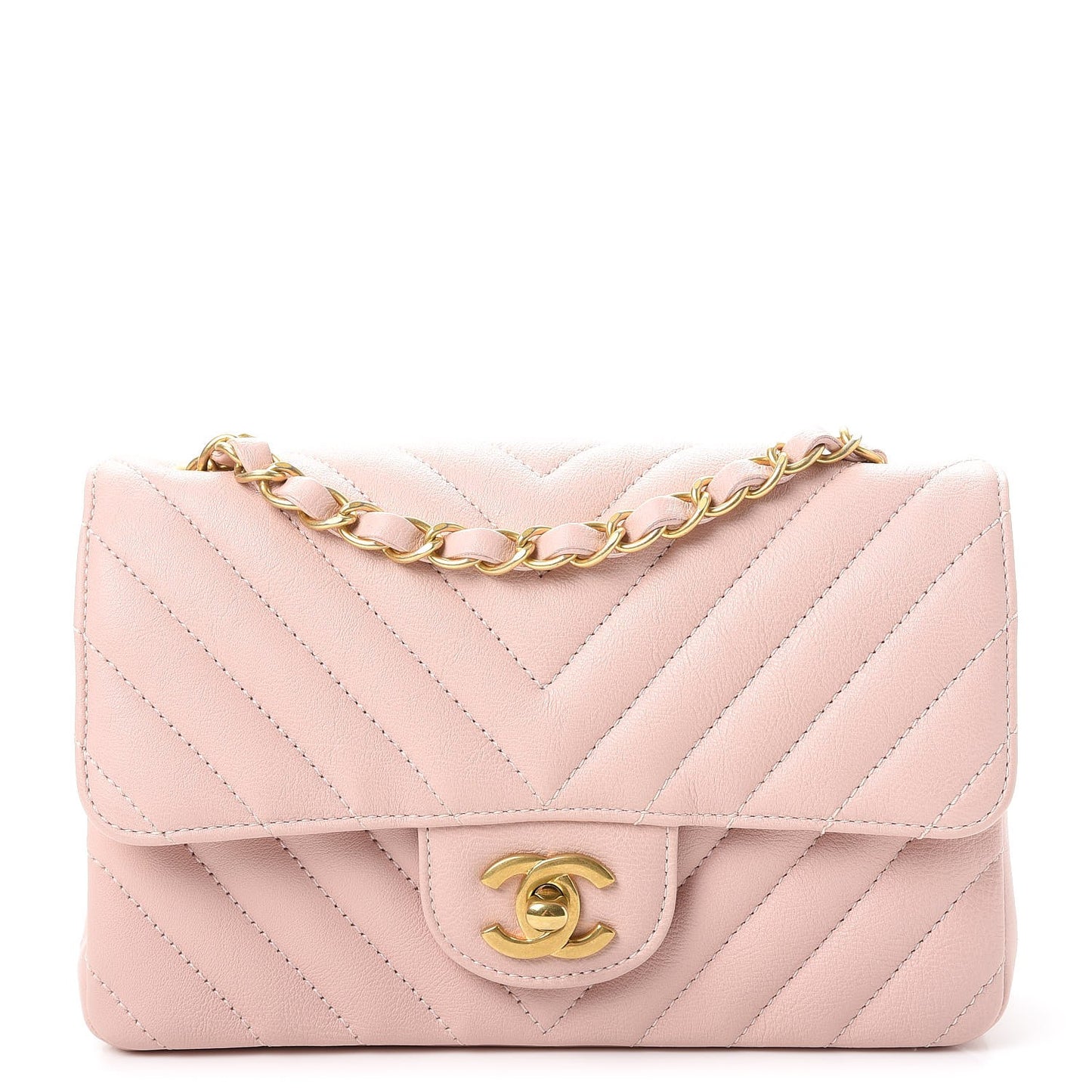 Calfskin Chevron Quilted Mini Rectangular Flap Light Pink