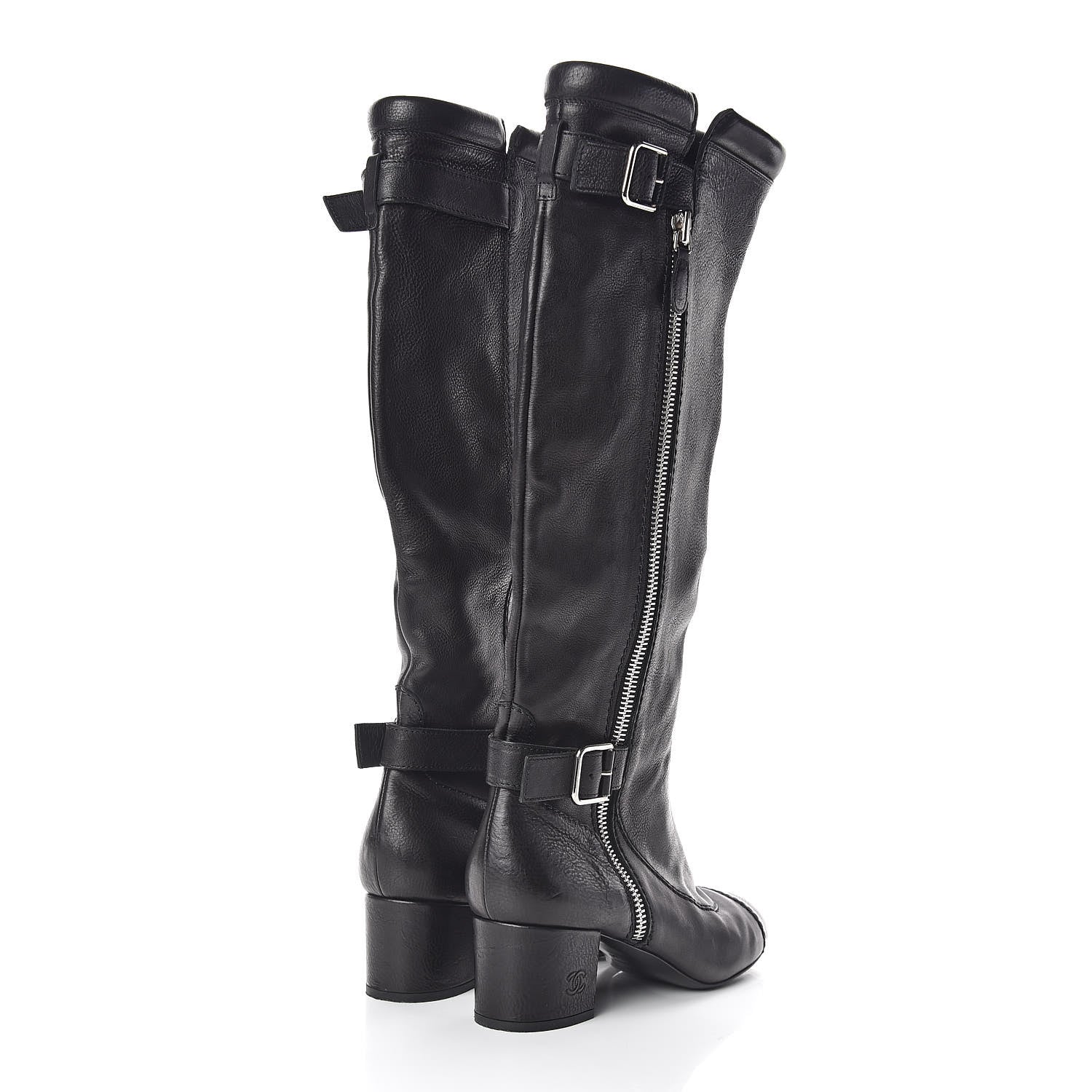 Chanel Calfskin Zipper Buckle Knee High Tall Boots 41 Black 4 of 9
