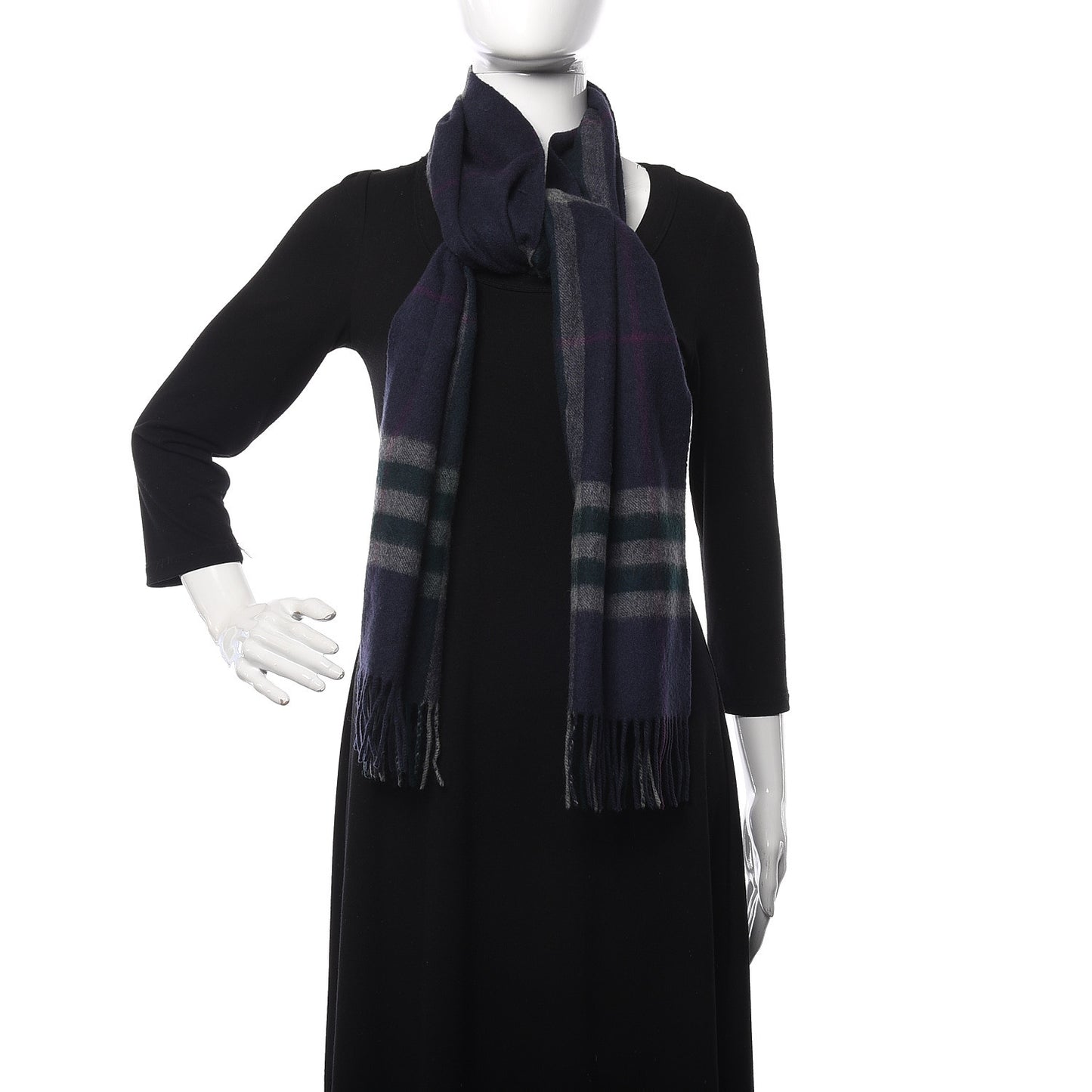 Cashmere Giant Check Fringe Scarf Navy