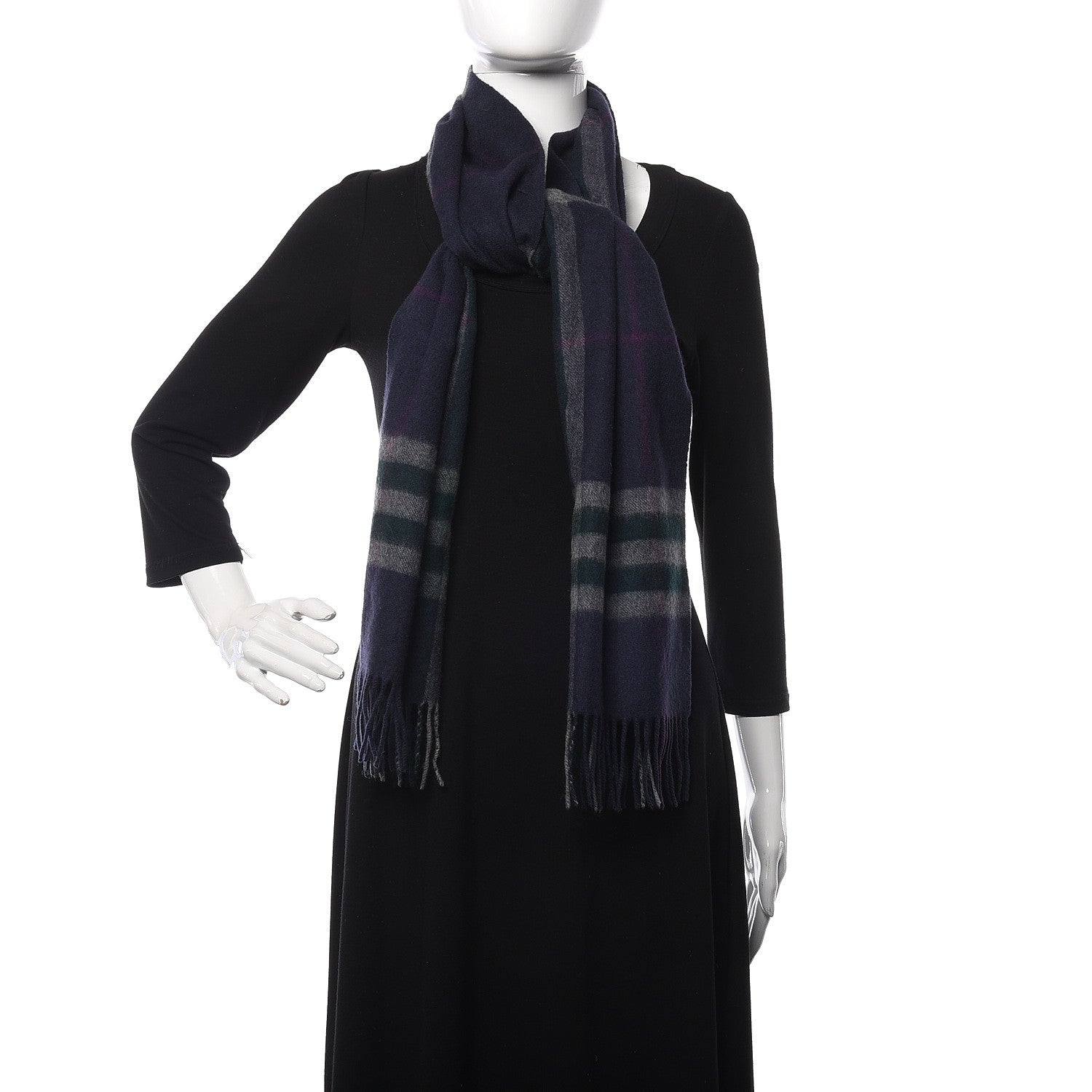 Burberry Cashmere Giant Check Fringe Scarf Navy 2 of 5