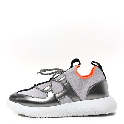 Hermes Knit Metallic Calfskin Womens Duel Sneakers 36 Argent Orange Black 1 of 7