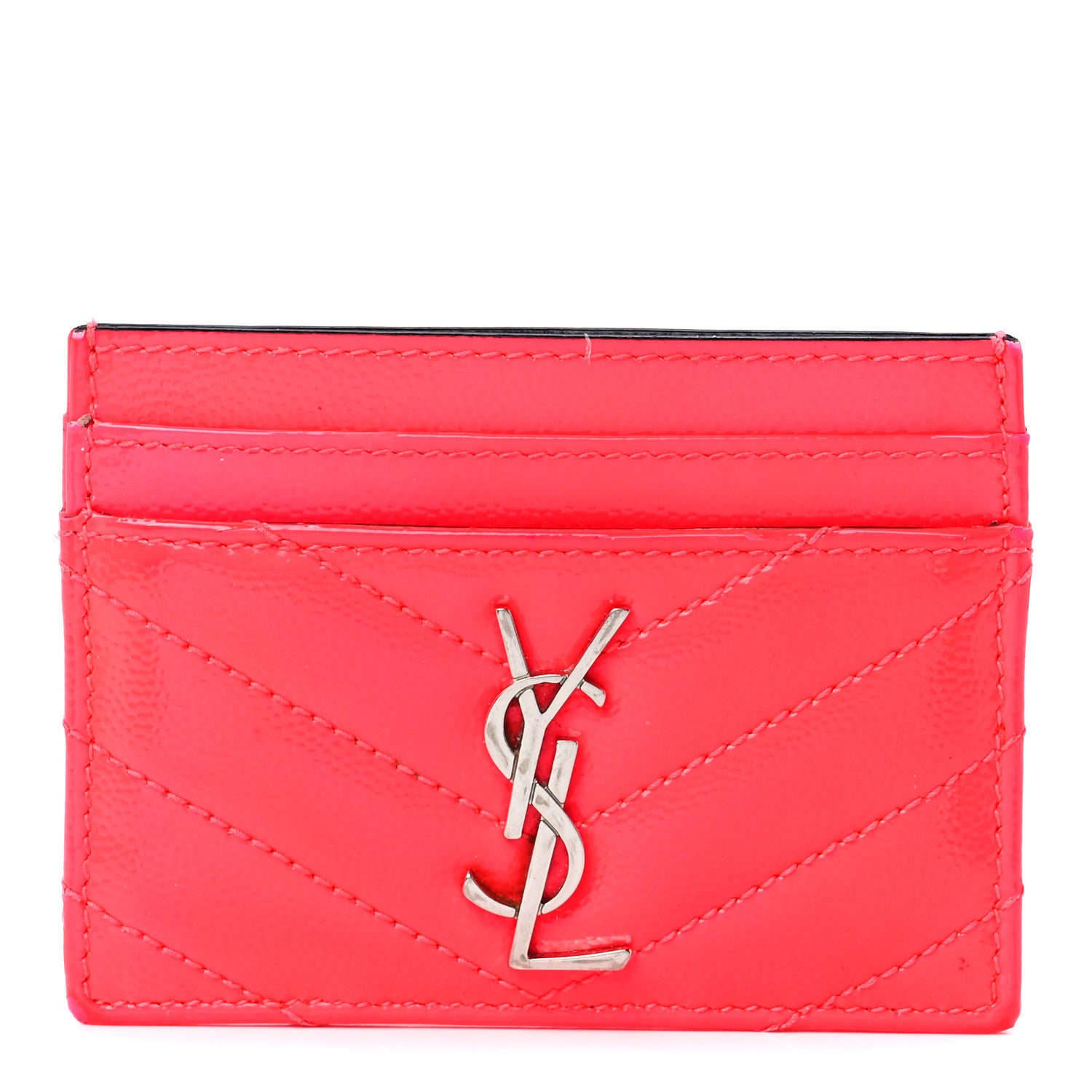 Saint Laurent Grain De Poudre Matelasse Chevron Monogram Credit Card Case Neon Pink 1 of 11
