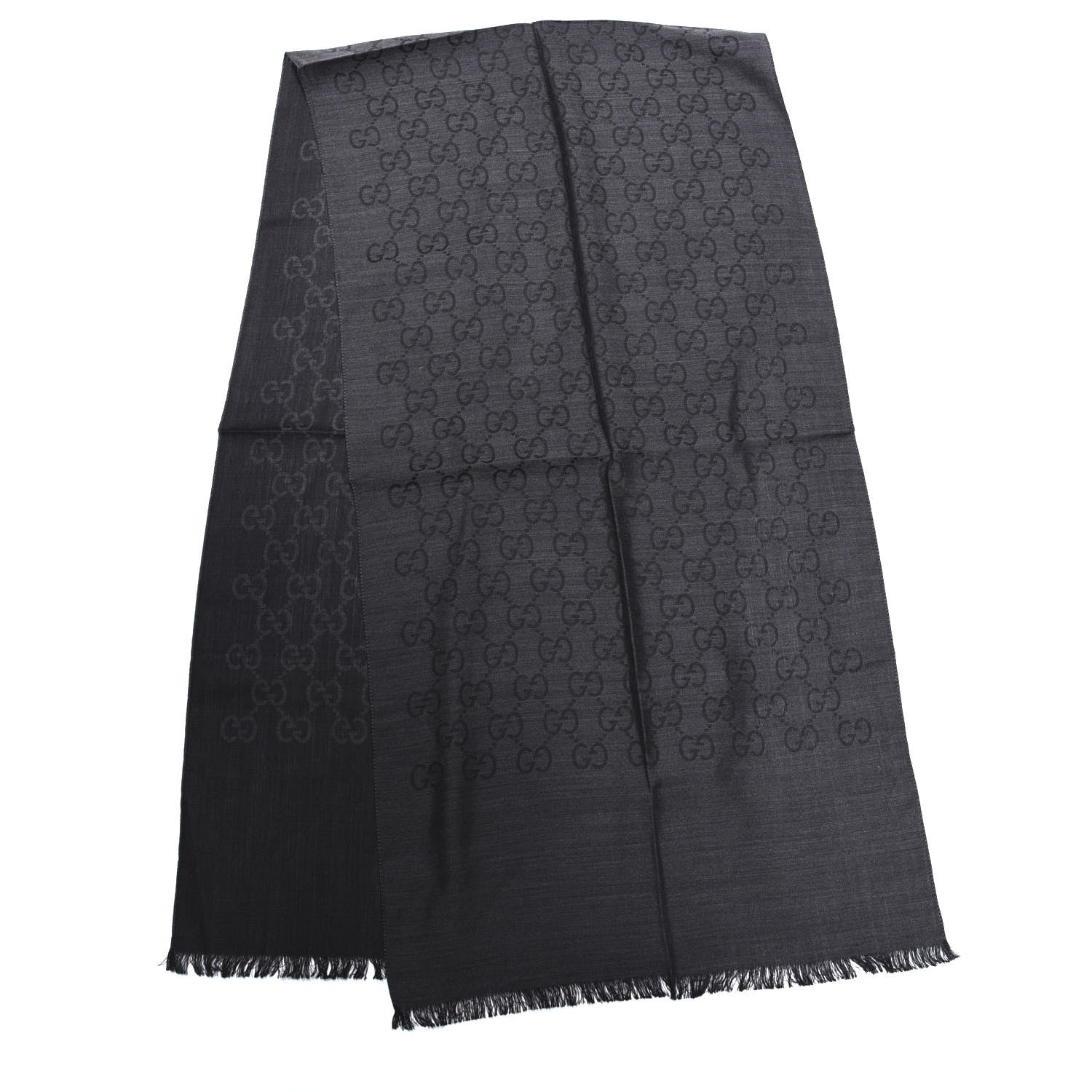 Gucci Wool Silk Jacquard Monogram Fringe Scarf Anthracite Black 2 of 4