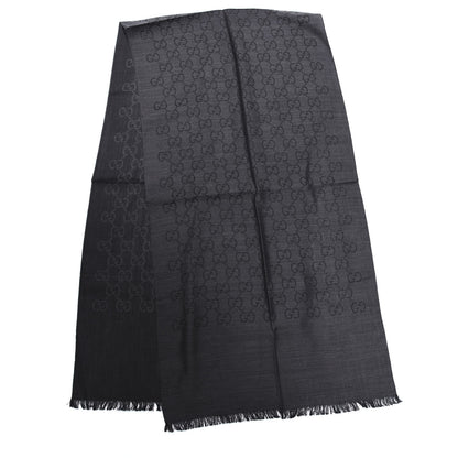 Gucci Wool Silk Jacquard Monogram Fringe Scarf Anthracite Black 2 of 4
