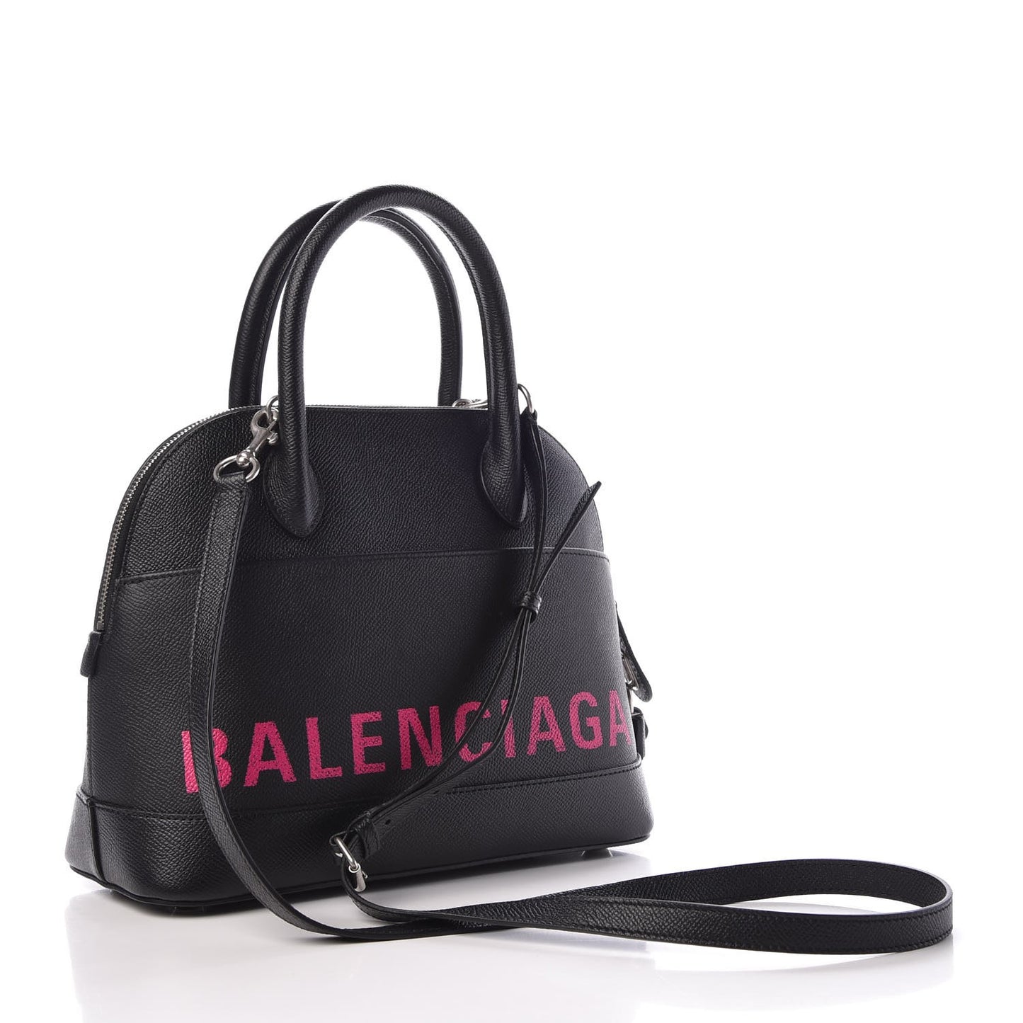 Signature Grained Calfskin Logo S Ville Top Handle Bag Black Rose Shocking