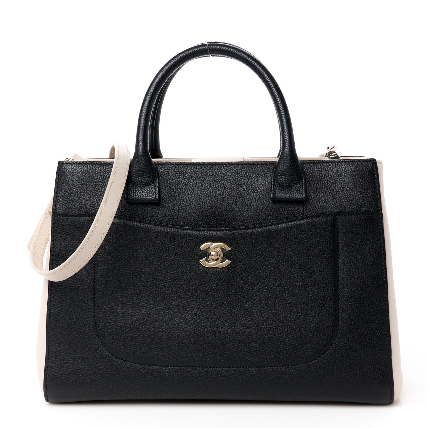 Grained Calfskin Small Bi-Color Neo Executive Shopper Tote Black Beige