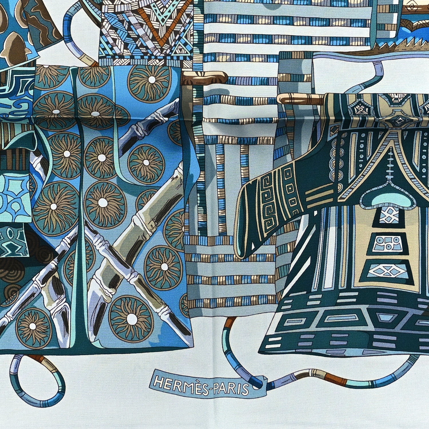 Hermes Silk Voyage En Etoffes Scarf 90 Bleu Pale Blue Jean Vert 2 of 4