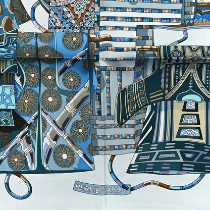 Hermes Silk Voyage En Etoffes Scarf 90 Bleu Pale Blue Jean Vert 2 of 4