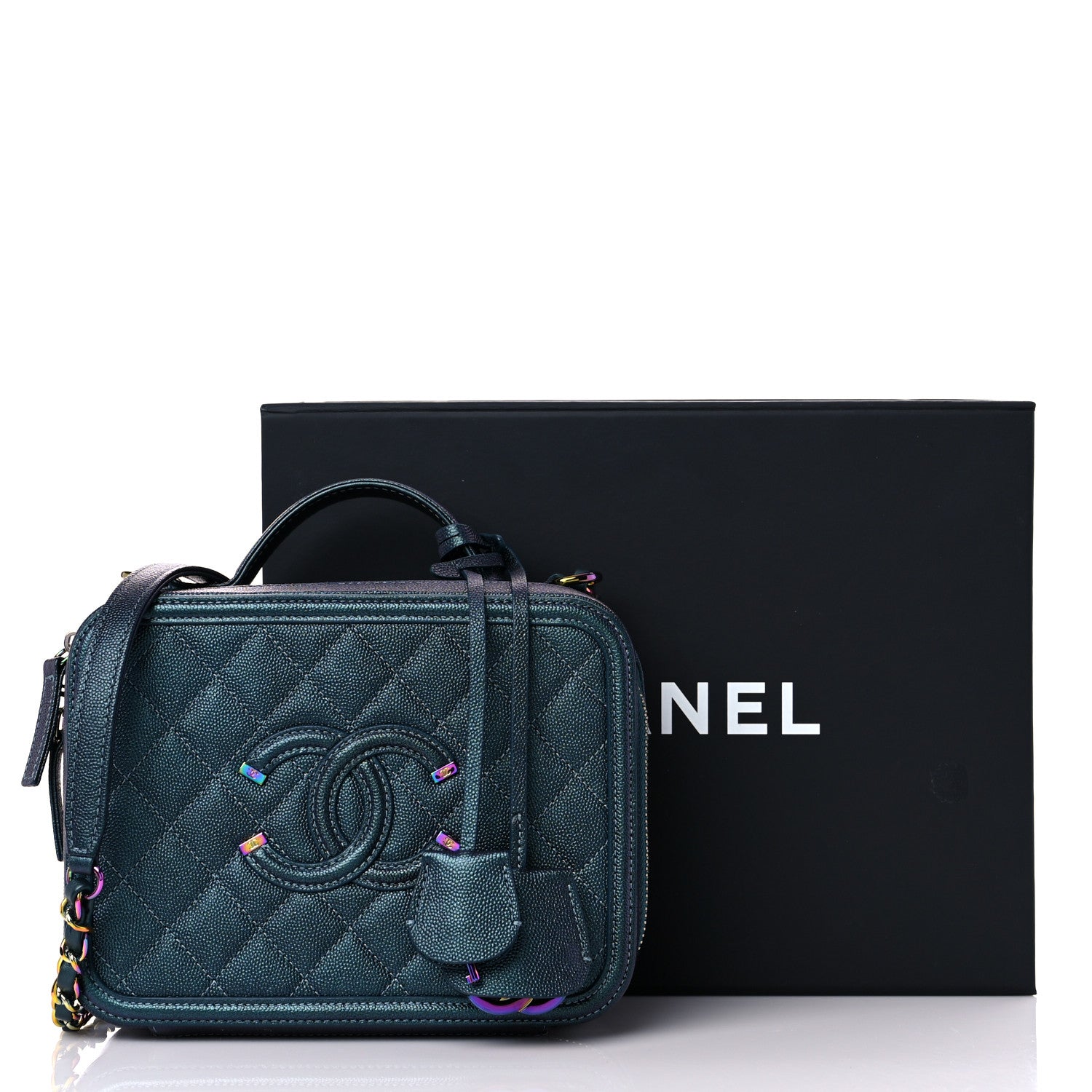 Chanel Iridescent Caviar Quilted Medium CC Filigree Vanity Case Dark Turquoise 11 of 11