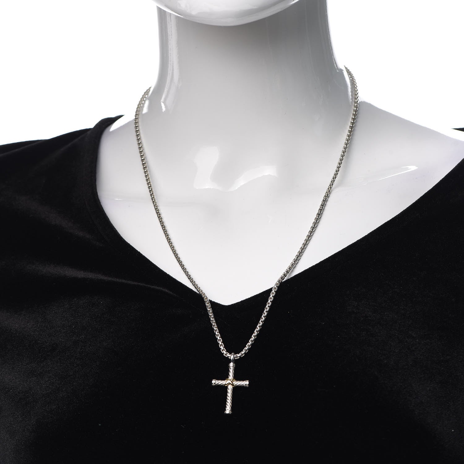 David Yurman Sterling Silver 18K Yellow Gold 29mm Cable Cross Pendant Necklace 2 of 5