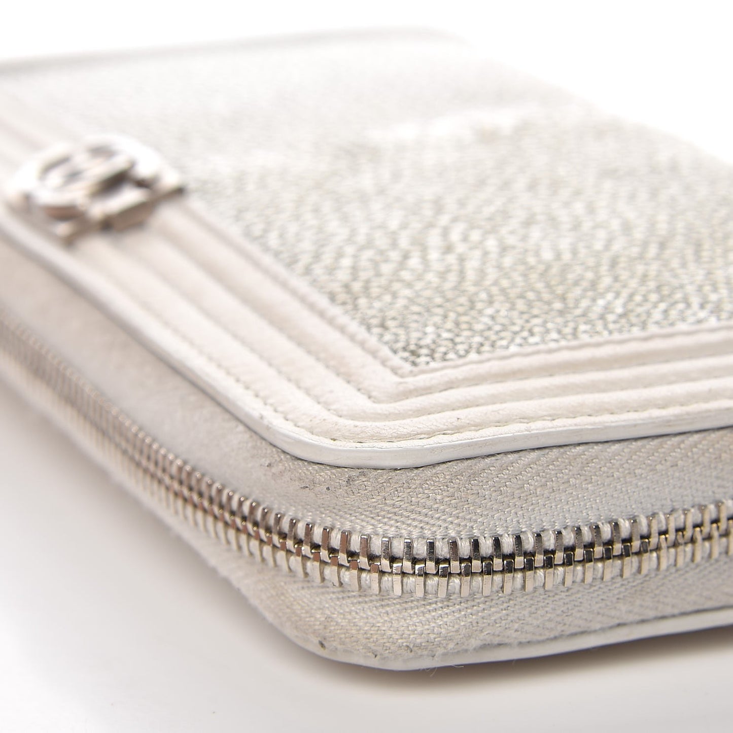 Metallic Galuchat Stingray Lambskin Boy Zip Around Wallet Silver