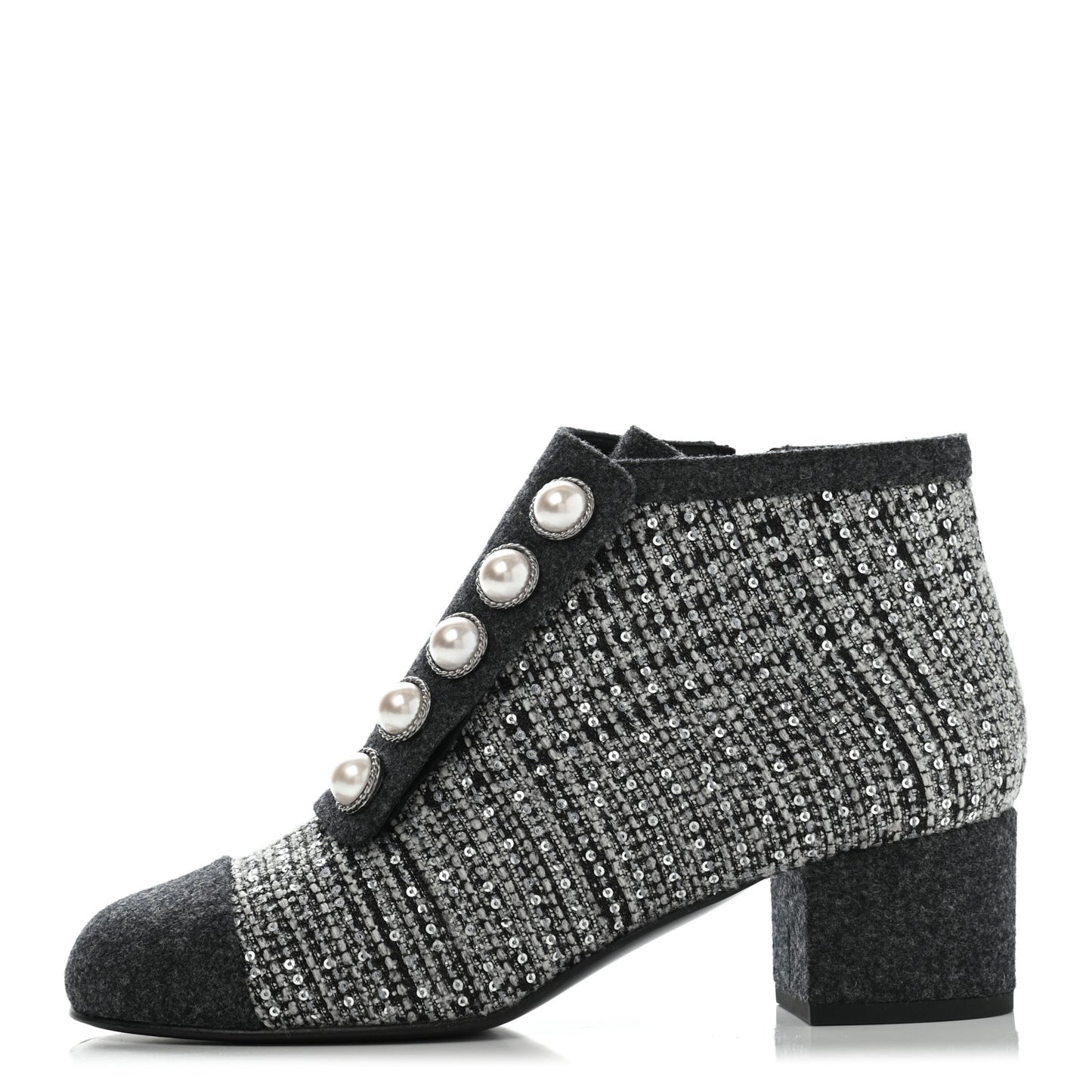 Tweed Pearl Cap Toe Short Boot 37 Ecru Black Grey