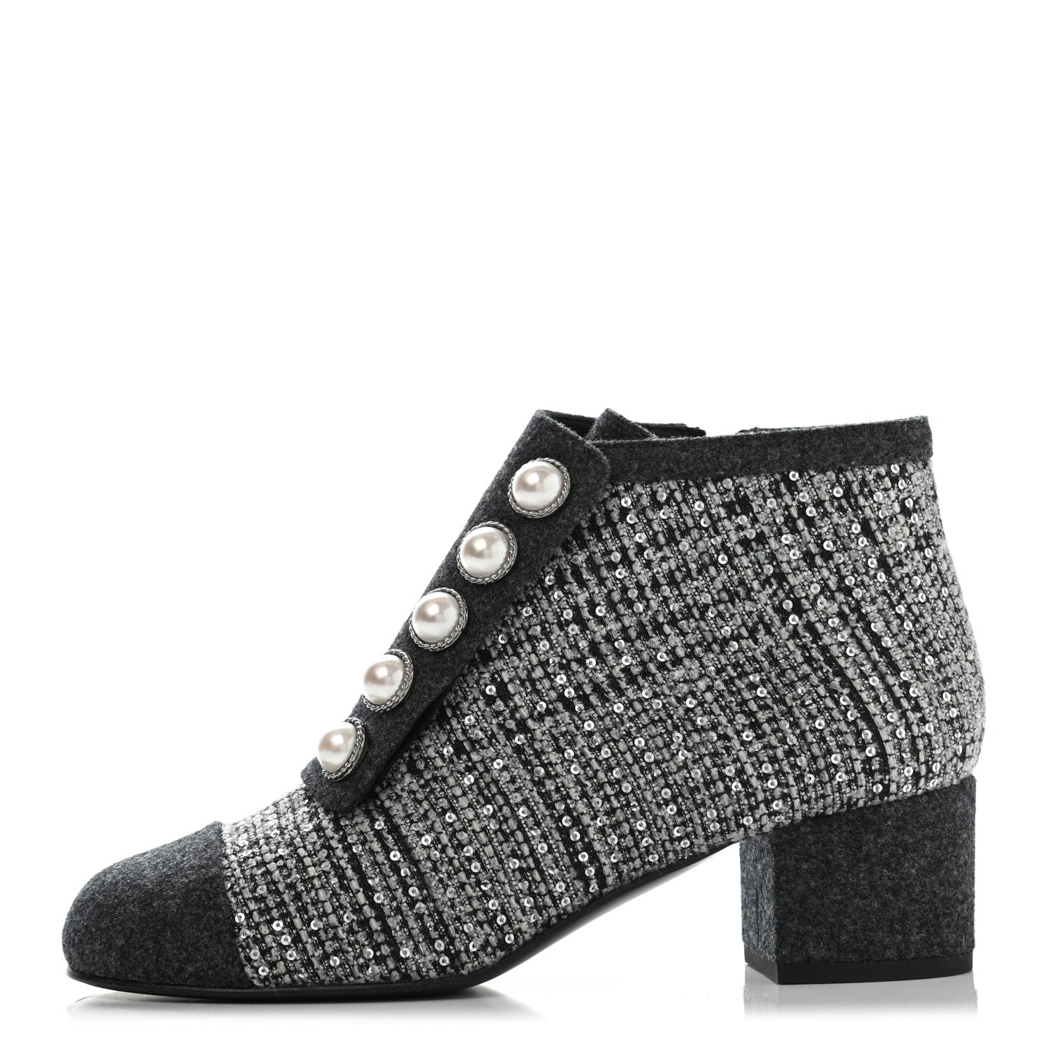 Chanel Tweed Pearl Cap Toe Short Boot 37 Ecru Black Grey 1 of 8