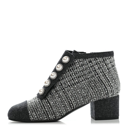 Chanel Tweed Pearl Cap Toe Short Boot 37 Ecru Black Grey 1 of 8