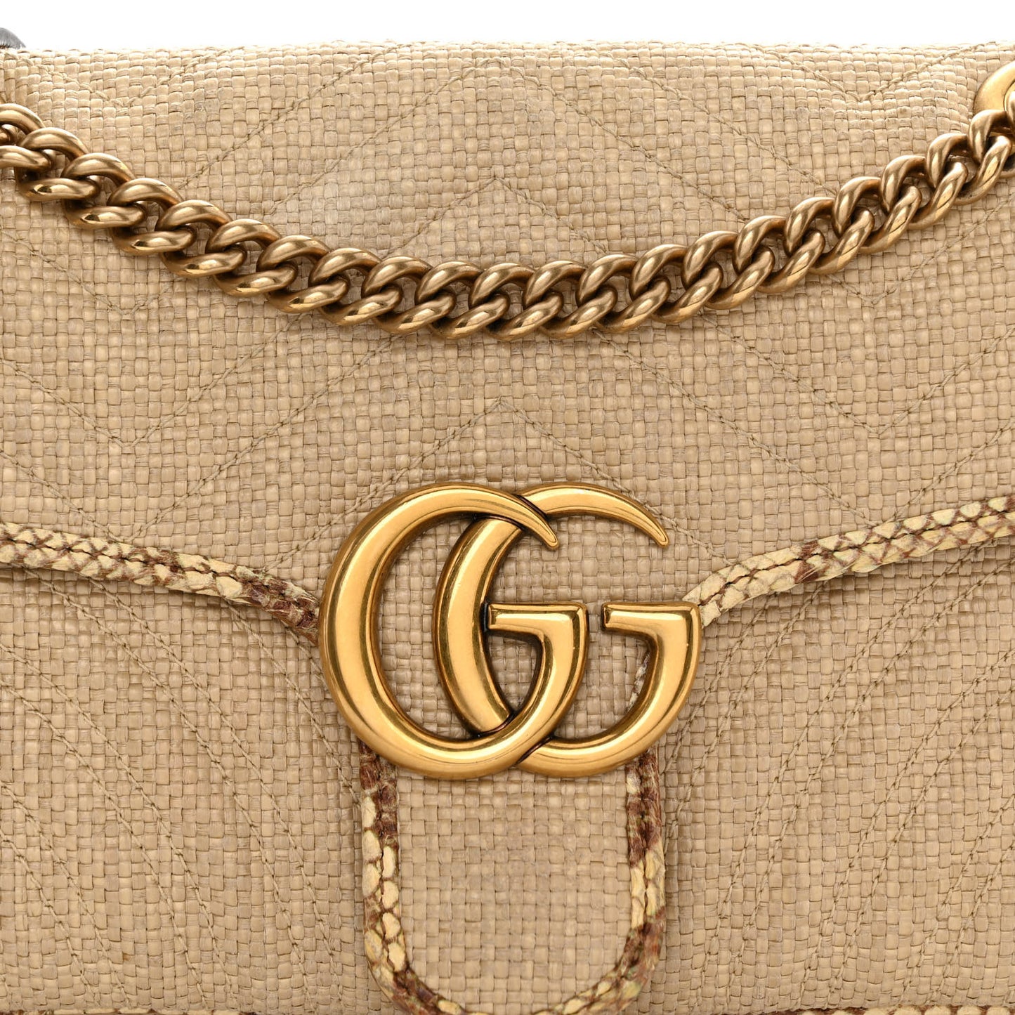 Raffia Elaphe Matelasse Small GG Marmont Shoulder Bag Natural Cream Brown