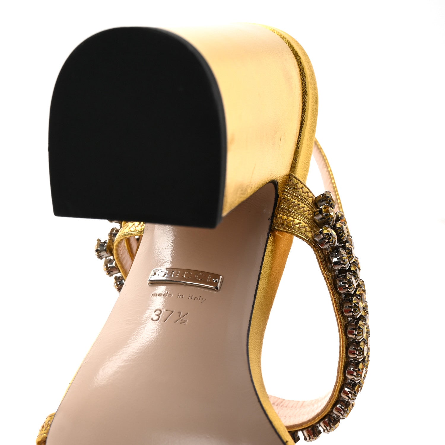 Gucci Nappa Silk Crystal Bertie High Heel Sandals 37.5 Gold 7 of 9