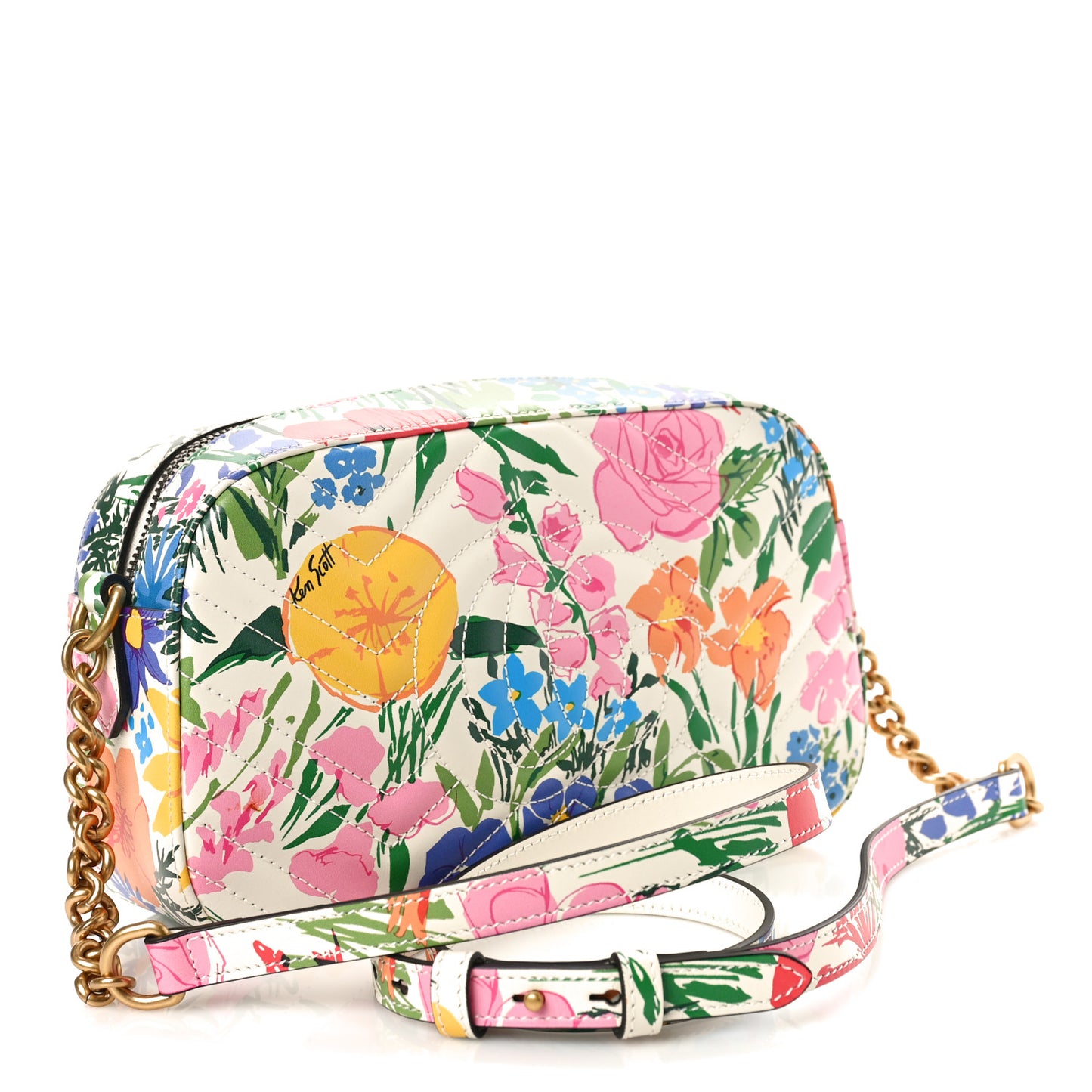 X KEN SCOTT Calfskin Matelasse Floral Print Small GG Marmont Chain Shoulder Bag Ivory Pink