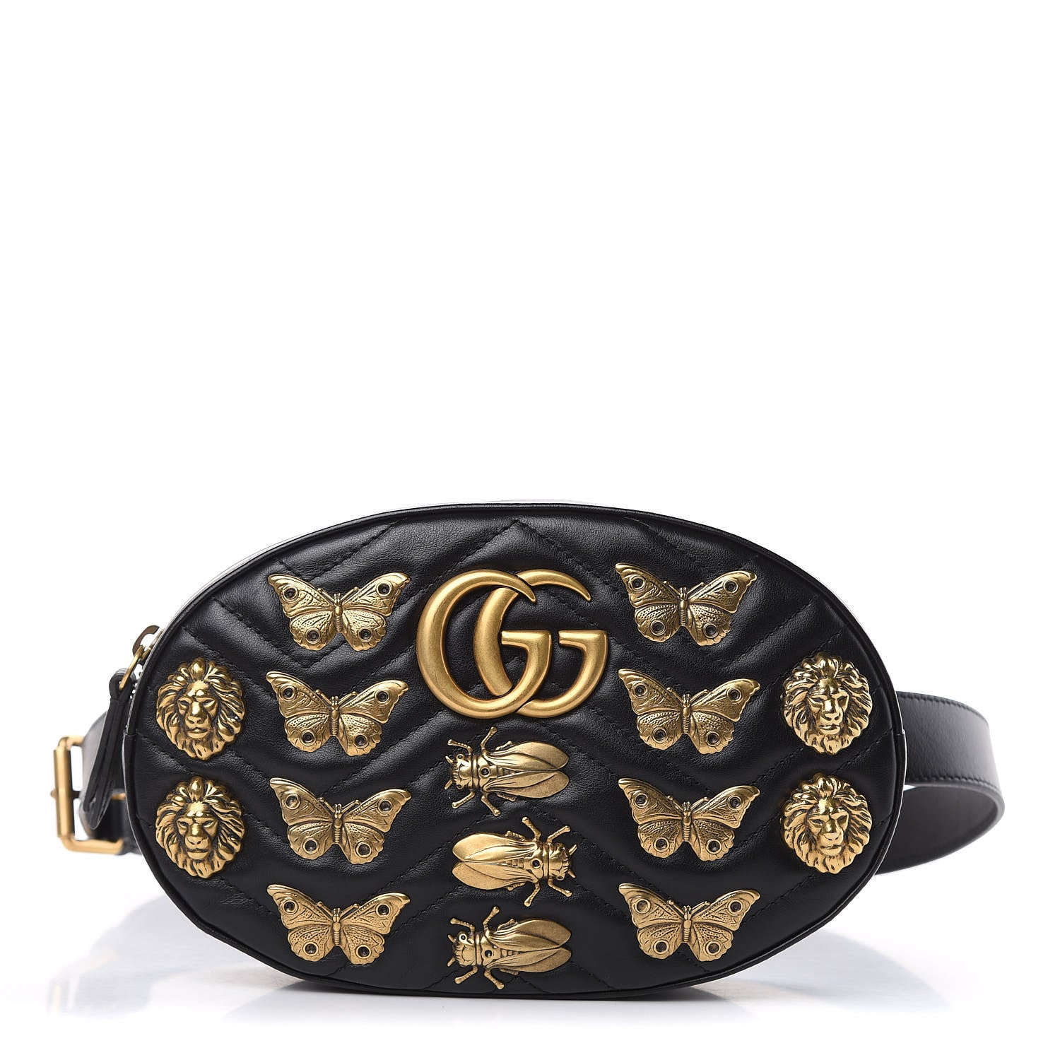 Gucci Calfskin Matelasse Animal Studs GG Marmont Belt Bag 95 38 Black 1 of 9